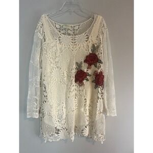 Bedford Fair Cream Crochet Lace Rose Embroidered Tunic Top Large BoHo Floral